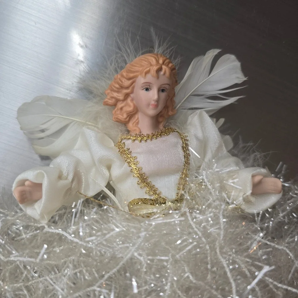 Vintage Tinsel Angel Ornament Nativity Tree Topper Feather Wings Gold Christmas